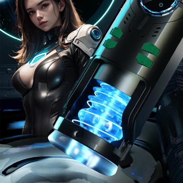 Futuristic black-and-silver cylindrical device with blue glowing coils beside a person in a sci-fi suit