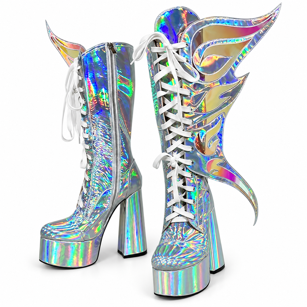 Pair of iridescent platform boots with white laces, side zippers, and wing-shaped shafts