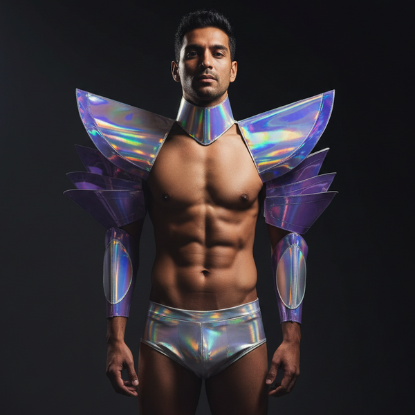 Front-facing model wearing iridescent winged armor, collar, arm guards, and briefs