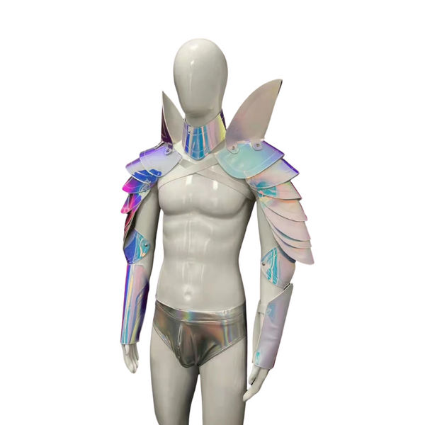 Front-facing mannequin wearing iridescent armor costume with winged shoulders, arm guards, and briefs