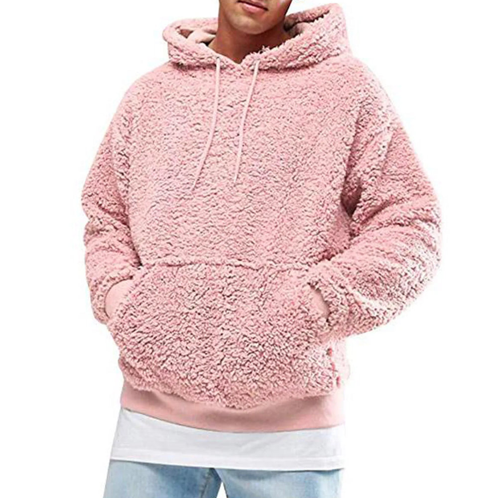 Model wearing a pink sherpa fleece hoodie with drawstrings and a front kangaroo pocket