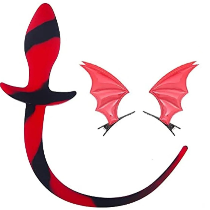 Red-and-black striped tail plug with matching red bat wings and a curved tail accessory