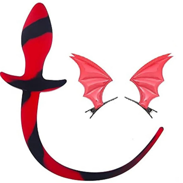 Red-and-black striped tail plug with matching red bat wings and a curved tail accessory