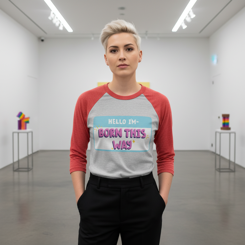 Hello I'm Born This Way 3/4 sleeve raglan shirt with bold, colorful queer text