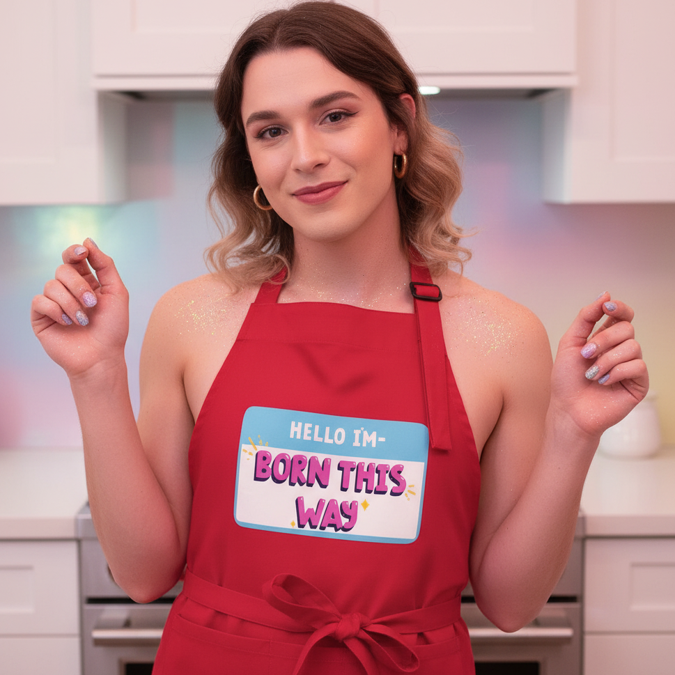 Model wearing a red apron with a colorful “HELLO I'M BORN THIS WAY” name-tag graphic
