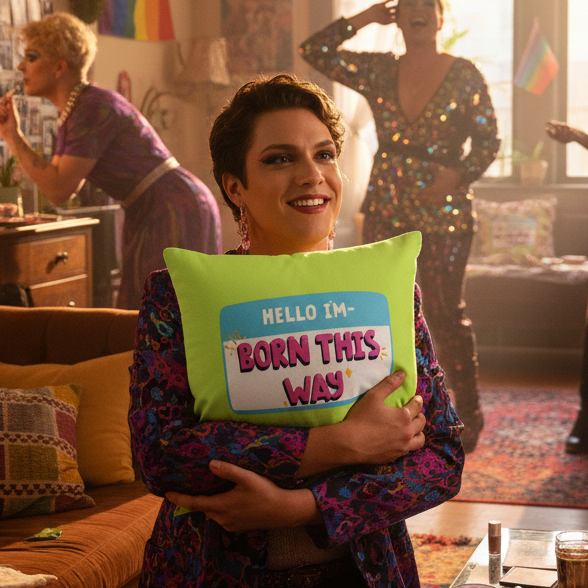 A smiling person with short brown hair in colorful clothes hugs the "Hello I'm Born This Way Pillow"