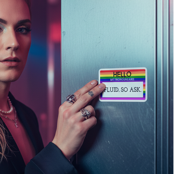 Hello My Pronouns Are Fluid. So Ask. bubble-free sticker on iridescent metal; person with long blond hair points