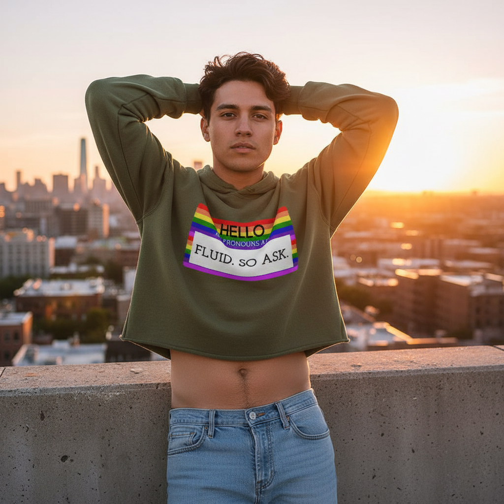 Cropped green hoodie with Hello My Pronouns Are Fluid