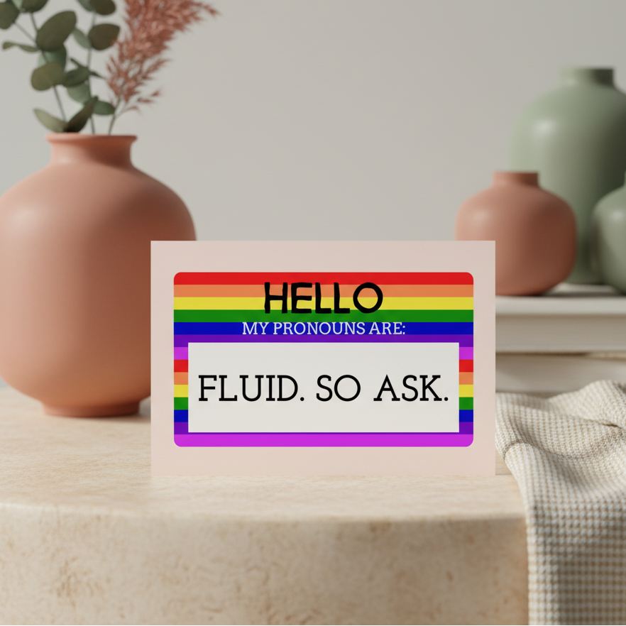 Postcard with a rainbow-striped border reads: HELLO. My pronouns are: FLUID