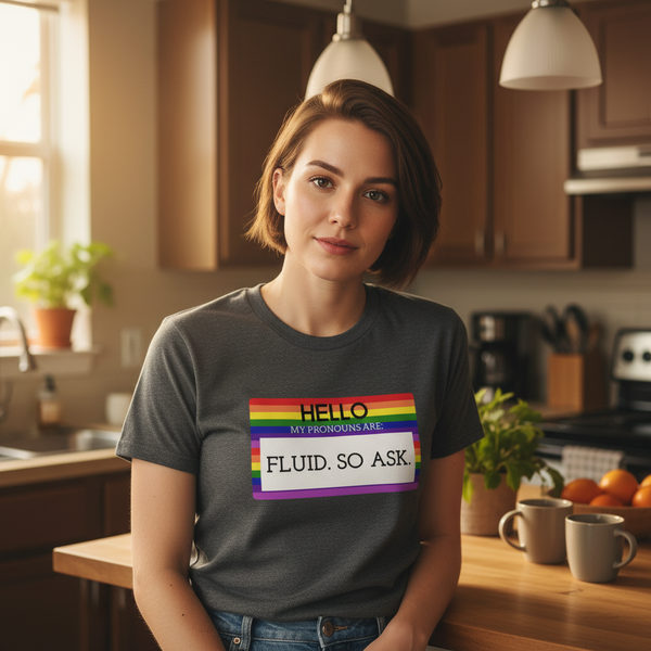 Genderfluid pronoun tee with Hello My Pronouns Are Fluid