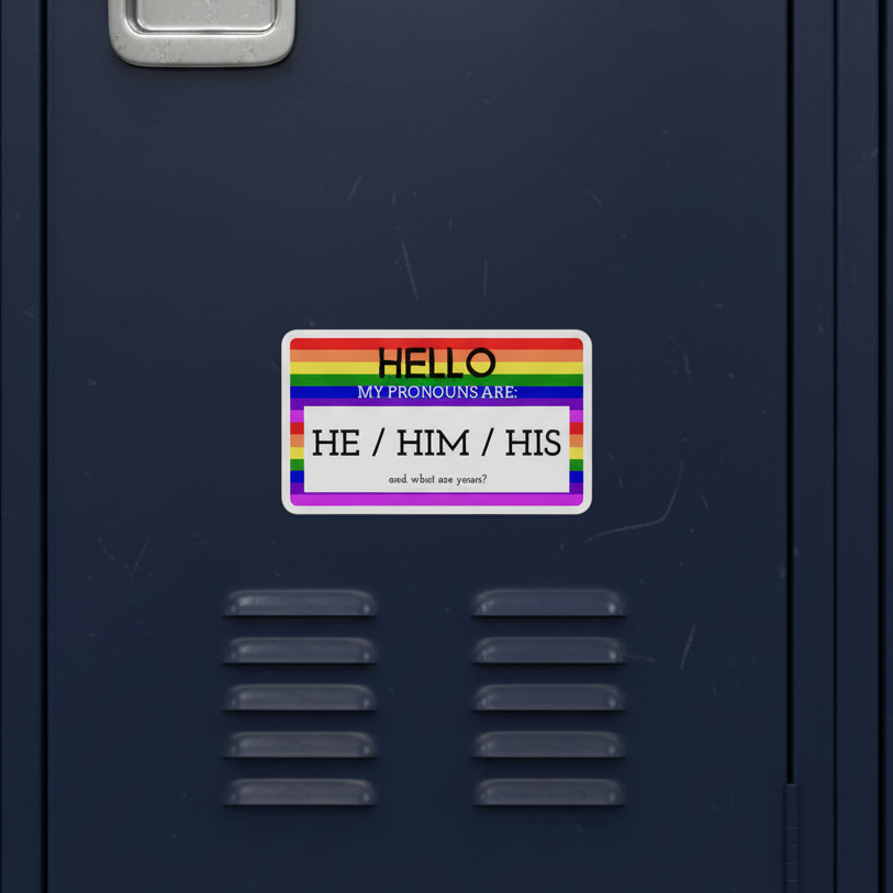 Bubble-free sticker on a dark blue locker, rainbow border for LGBTQ+ pride