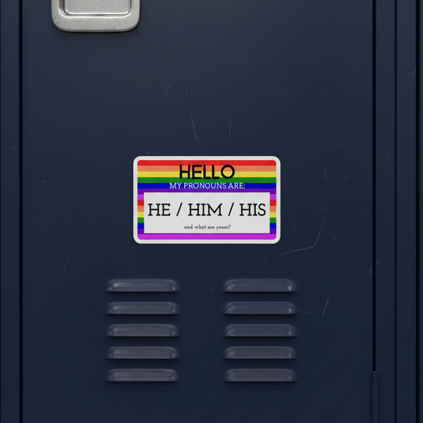 Bubble-free sticker on a dark blue locker, rainbow border for LGBTQ+ pride