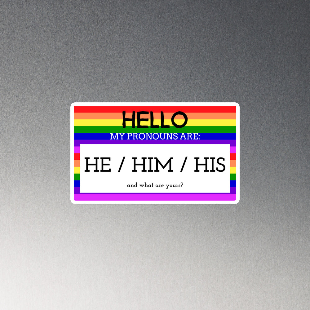 Rectangular magnet with a rainbow and pink-purple border, gray background
