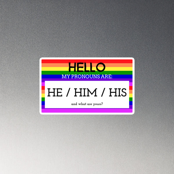 Rectangular magnet with a rainbow and pink-purple border, gray background