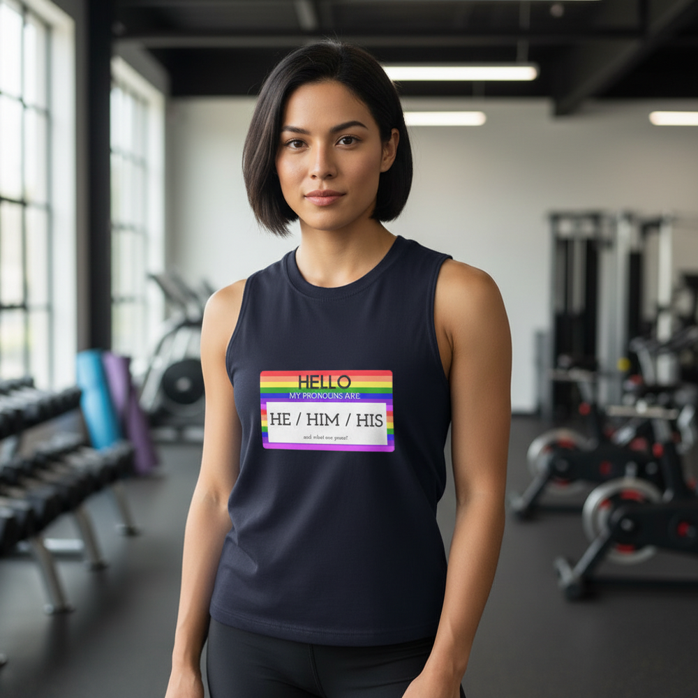 Muscle top reading "Hello My Pronouns Are He / Him / His" worn by a bobbed person