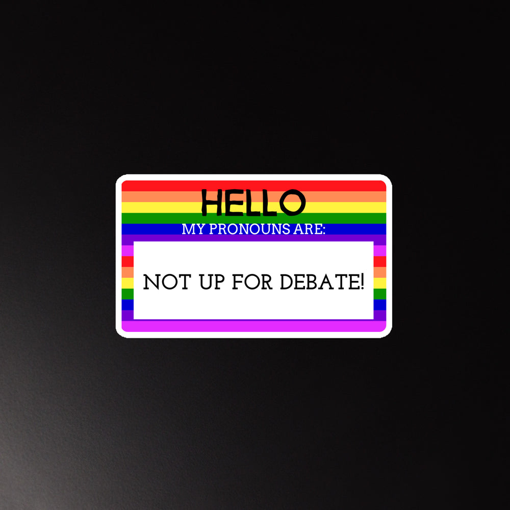 Rectangular rainbow-striped magnet reading “HELLO MY PRONOUNS ARE: NOT UP FOR DEBATE!”