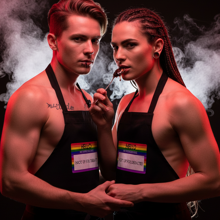 Two shirtless models wearing black aprons with rainbow-edged “Hello My Pronouns Are Not Up For Debate” patches