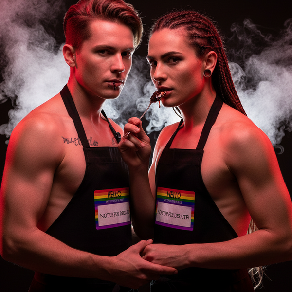 Two shirtless models wearing black aprons with rainbow-edged “Hello My Pronouns Are Not Up For Debate” patches