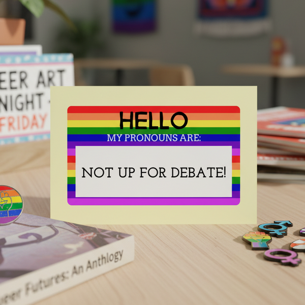 Postcard with rainbow and trans pride flag border, featuring bold text: 