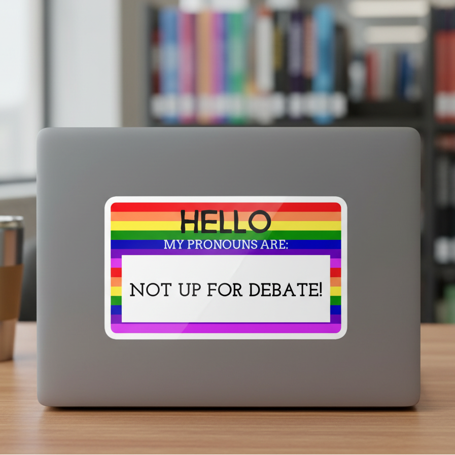 Bubble-free sticker on a laptop reads "Hello My Pronouns Are Not Up For Debate" in bold over rainbow stripes