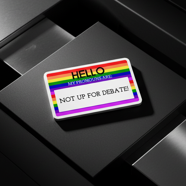 Rainbow-bordered pronoun magnet reading “HELLO” and “NOT UP FOR DEBATE!” on a dark panel