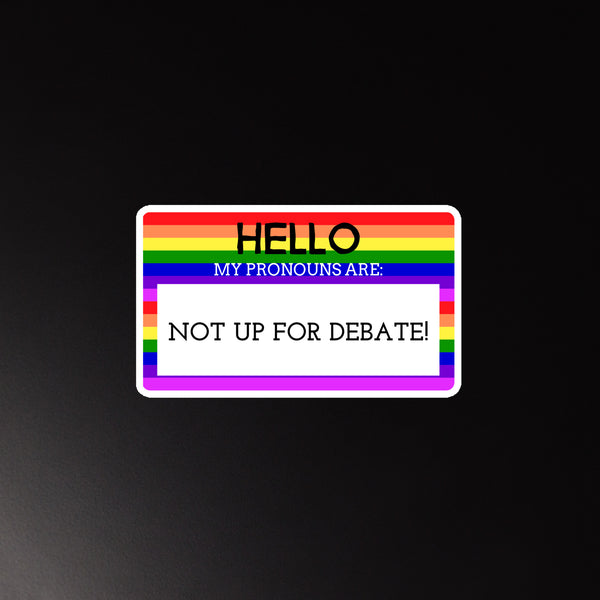 Rectangular rainbow-striped magnet reading “HELLO MY PRONOUNS ARE: NOT UP FOR DEBATE!”