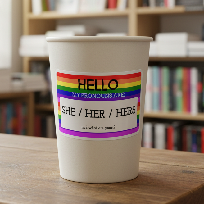 Bubble-free sticker on a white cup reads "Hello My Pronouns Are She / Her / Hers" in rainbow-border, vinyl material
