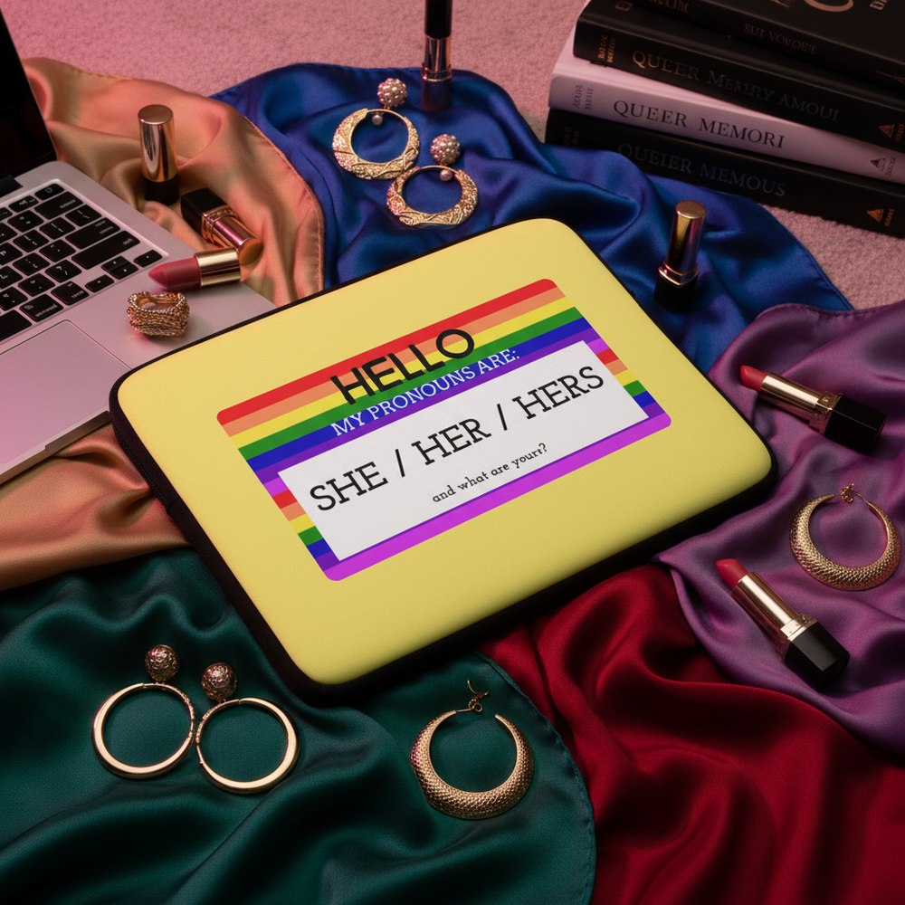 Yellow laptop sleeve with a rainbow "Hello My Pronouns Are She / Her / Hers" name tag, queer books, earrings, lipsticks