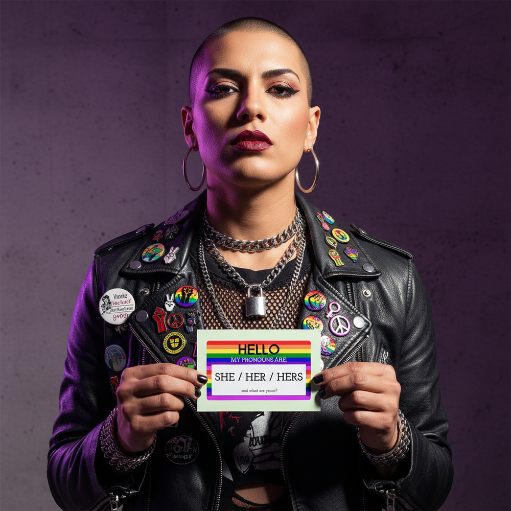 Hello My Pronouns Are She / Her / Hers" postcard held by a queer person in bold makeup, hoops, and a pin-clad leather jacket.