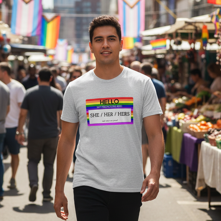 Light gray "Hello My Pronouns Are She / Her / Hers" tee worn proudly at a bustling LGBTQ+ market