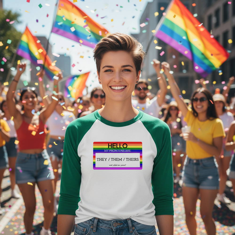 3/4 sleeve raglan shirt reading "Hello My Pronouns Are They / Them / Theirs" worn