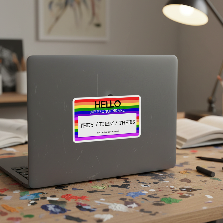 Bubble-free sticker reading "Hello My Pronouns Are They / Them / Theirs" on a laptop, surrounded by paint, papers