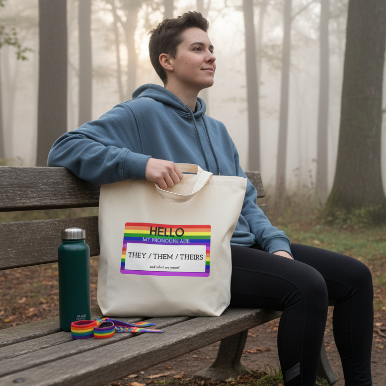 Person seated on a bench holding a cream tote with a rainbow pronoun badge