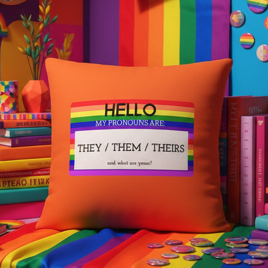 Orange pillow with “Hello My Pronouns Are They / Them / Theirs,” rainbow-striped sticker, pride flags, books