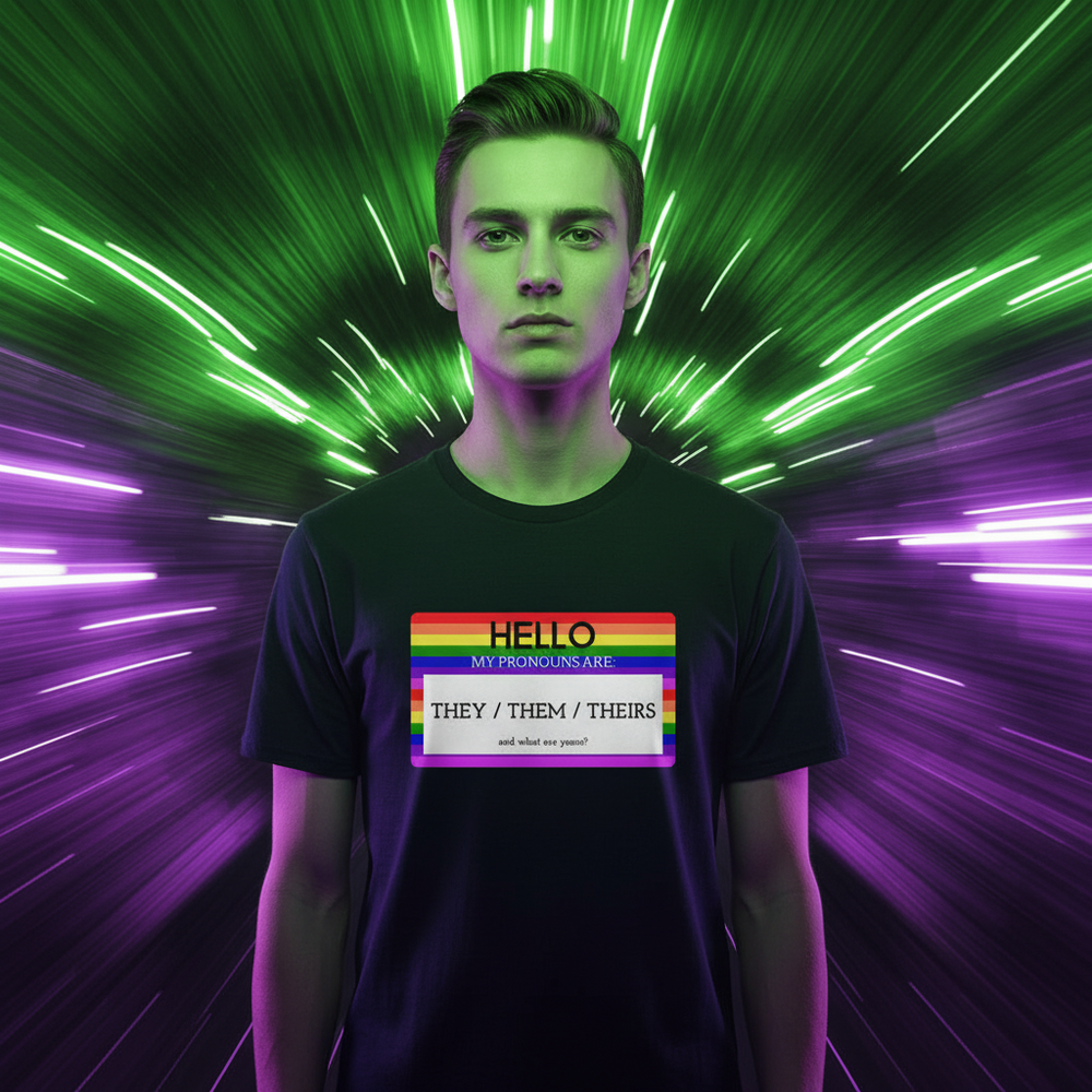 Hello My Pronouns Are They / Them / Theirs T-shirt with a rainbow-striped name tag, person standing proudly