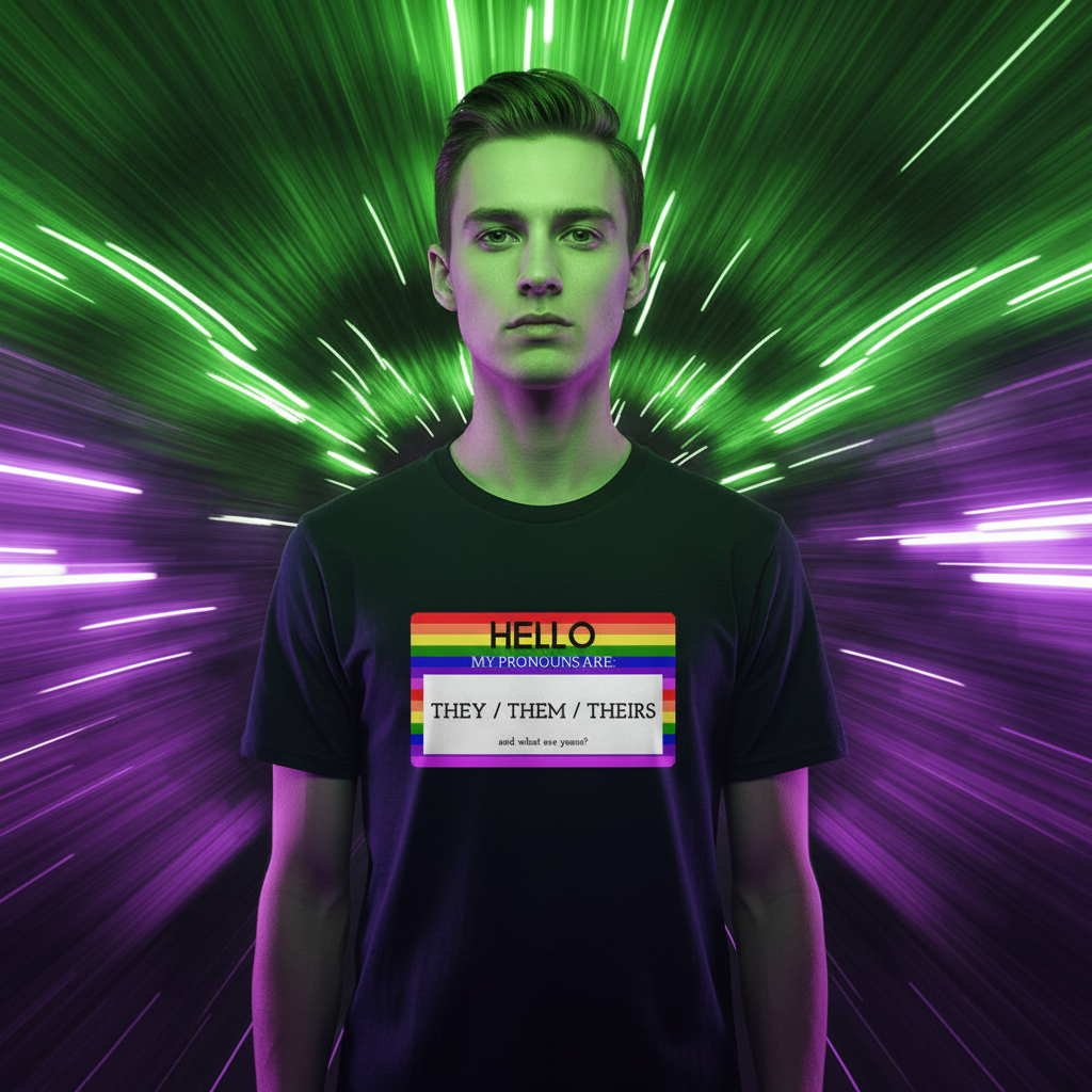 Hello My Pronouns Are They / Them / Theirs T-shirt with a rainbow-striped name tag, person standing proudly