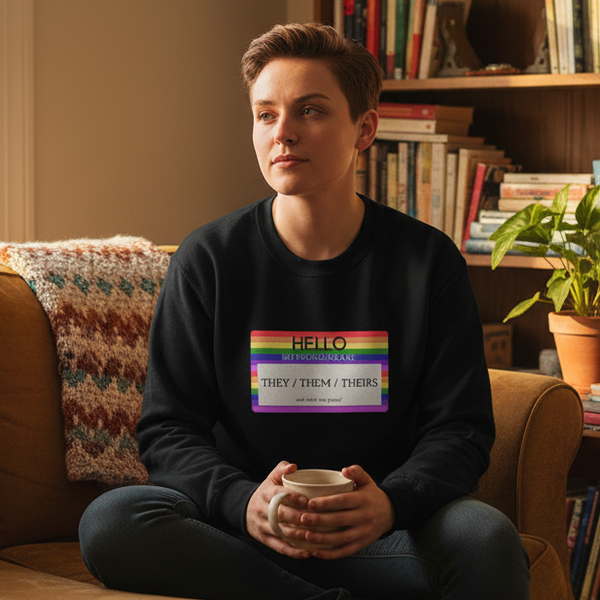 Seated person wearing a black sweatshirt with a rainbow pronoun nametag, holding a mug