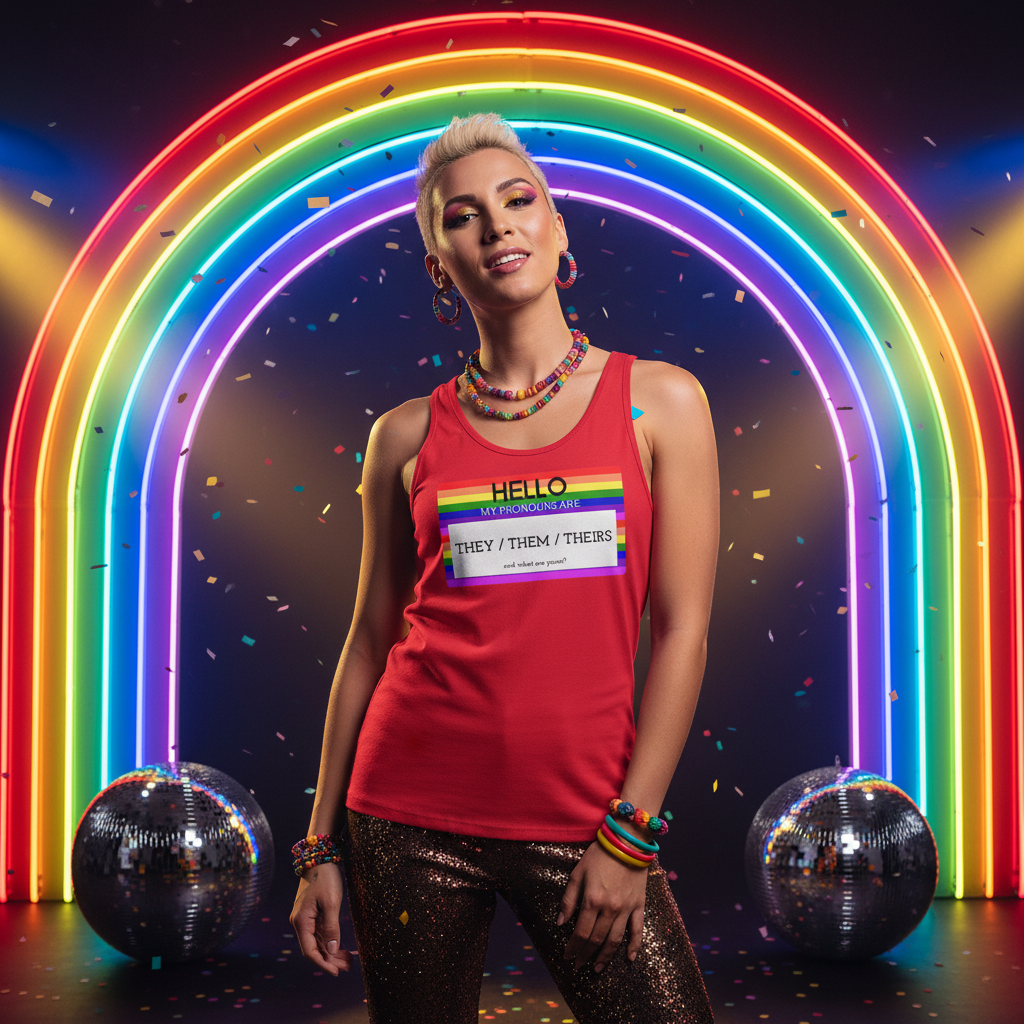 Hello My Pronouns Are They / Them / Theirs unisex tank, person with blond buzzcut, rainbow arch, disco balls, confetti