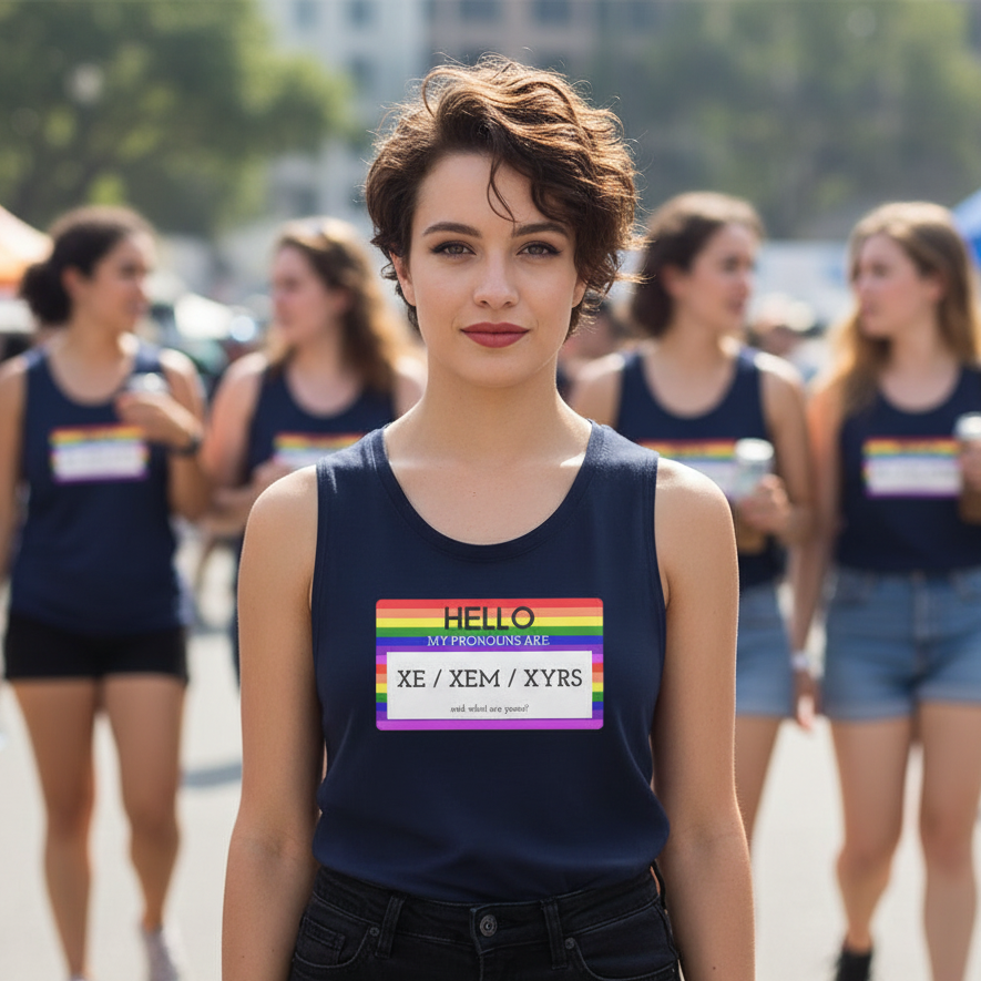 Unisex relaxed fit muscle tank reads “Hello My Pronouns Are Xe / Xem / Xyrs” on a rainbow Pride name tag