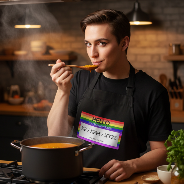 Person tasting soup while wearing a black apron with a rainbow pronoun badge