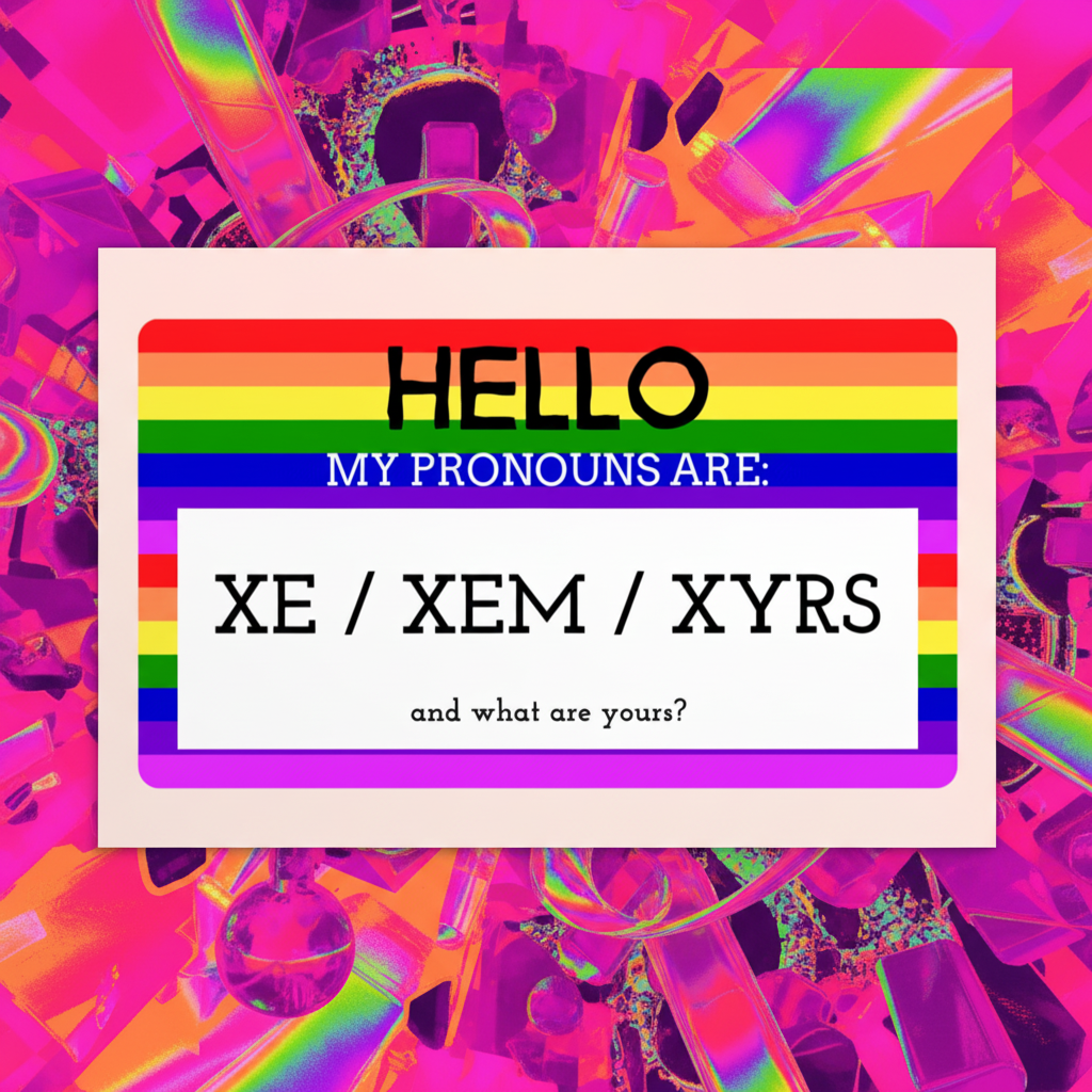 Postcard with a rainbow-striped "Hello My Pronouns Are Xe / Xem / Xyrs" name tag on neon pink
