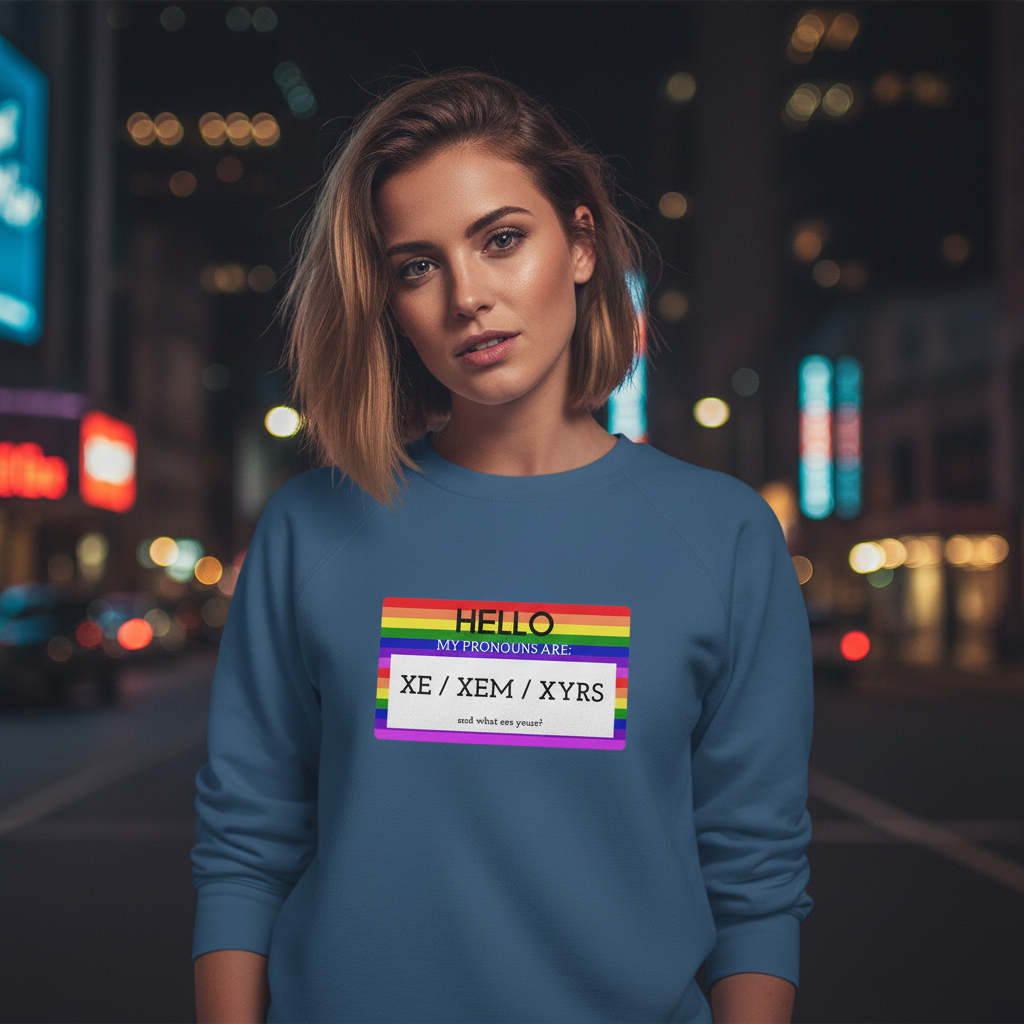 Model wearing a blue sweatshirt with a rainbow name-tag graphic reading “HELLO” and “XE / XEM / XYRS”