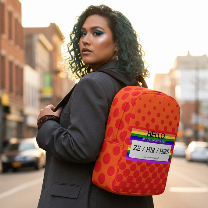 Red polka dot "Hello My Pronouns Are Ze / Hir / Hirs" backpack with a rainbow pronoun badge, worn by a queer person.