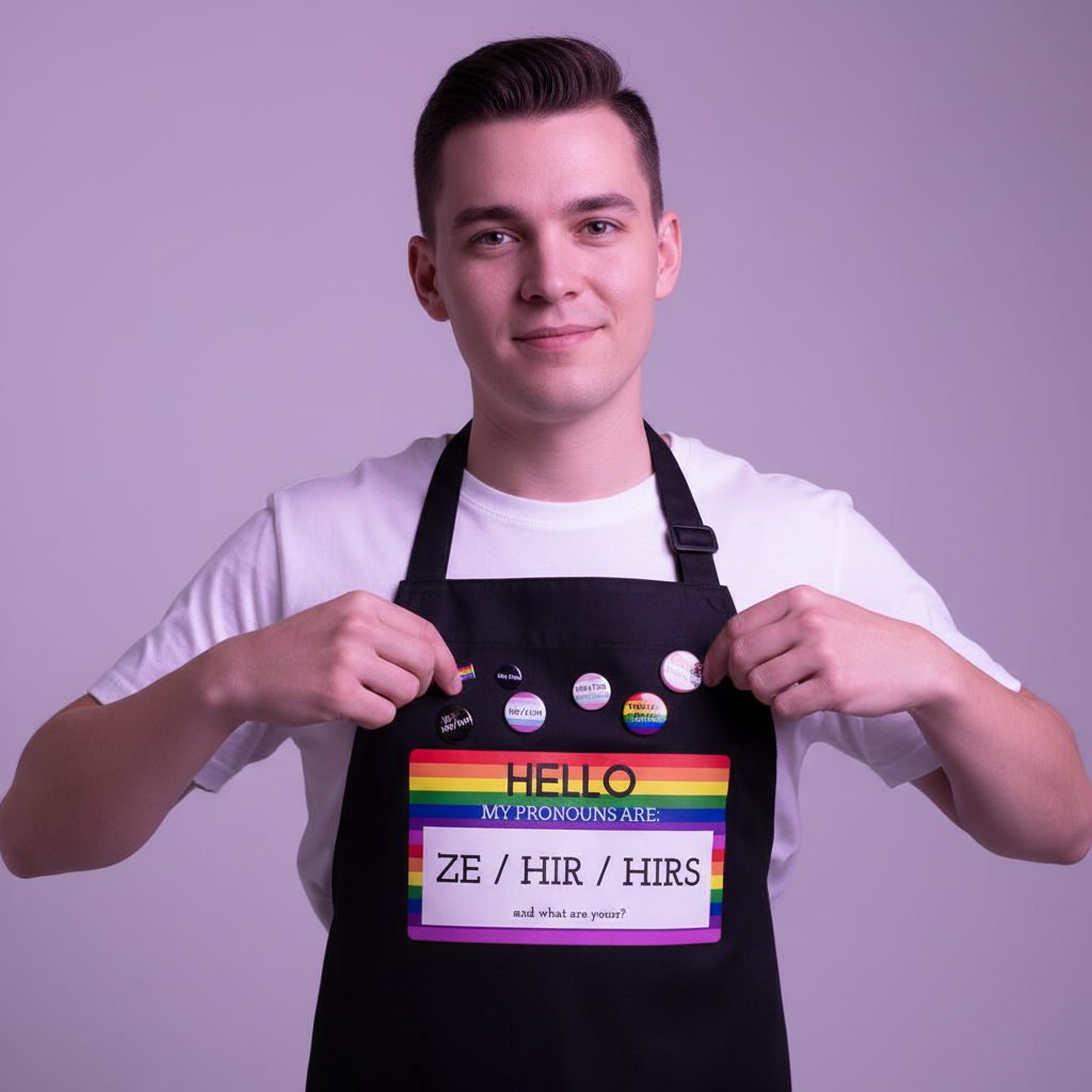 Front-facing person holding a black apron with a rainbow pronoun panel reading “ZE / HIR / HIRS.”