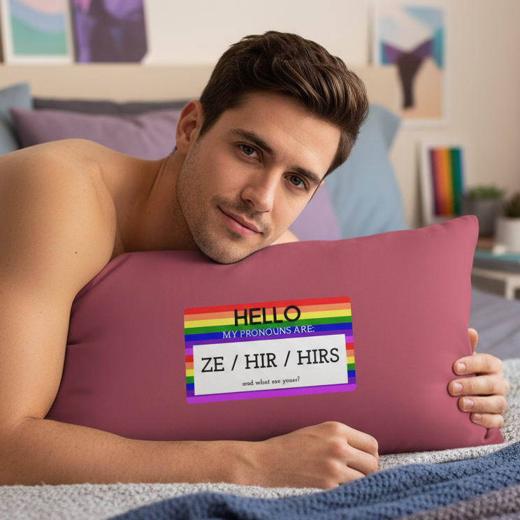 Smiling person holds a mauve pillow labeled “HELLO” and “ZE / HIR / HIRS.”