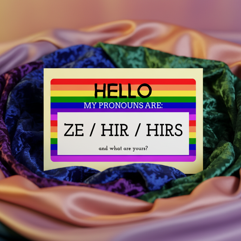 Postcard with a rainbow border, vibrant purple, blue, green, and peach on a soft blur. Reads: HELLO