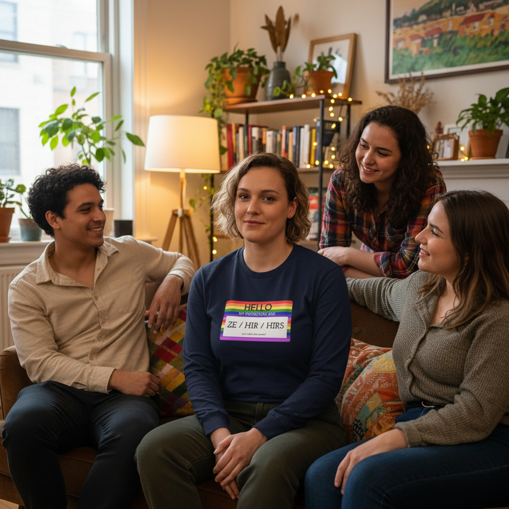Unisex long sleeve T-shirt with "Hello My Pronouns Are Ze / Hir / Hirs" and rainbow-striped name tag