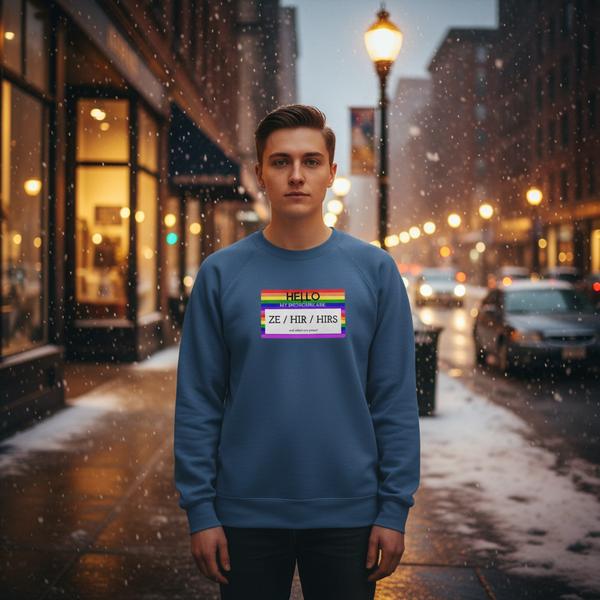 Person wearing a blue sweatshirt with a rainbow-bordered “ZE / HIR / HIRS” graphic on a snowy street