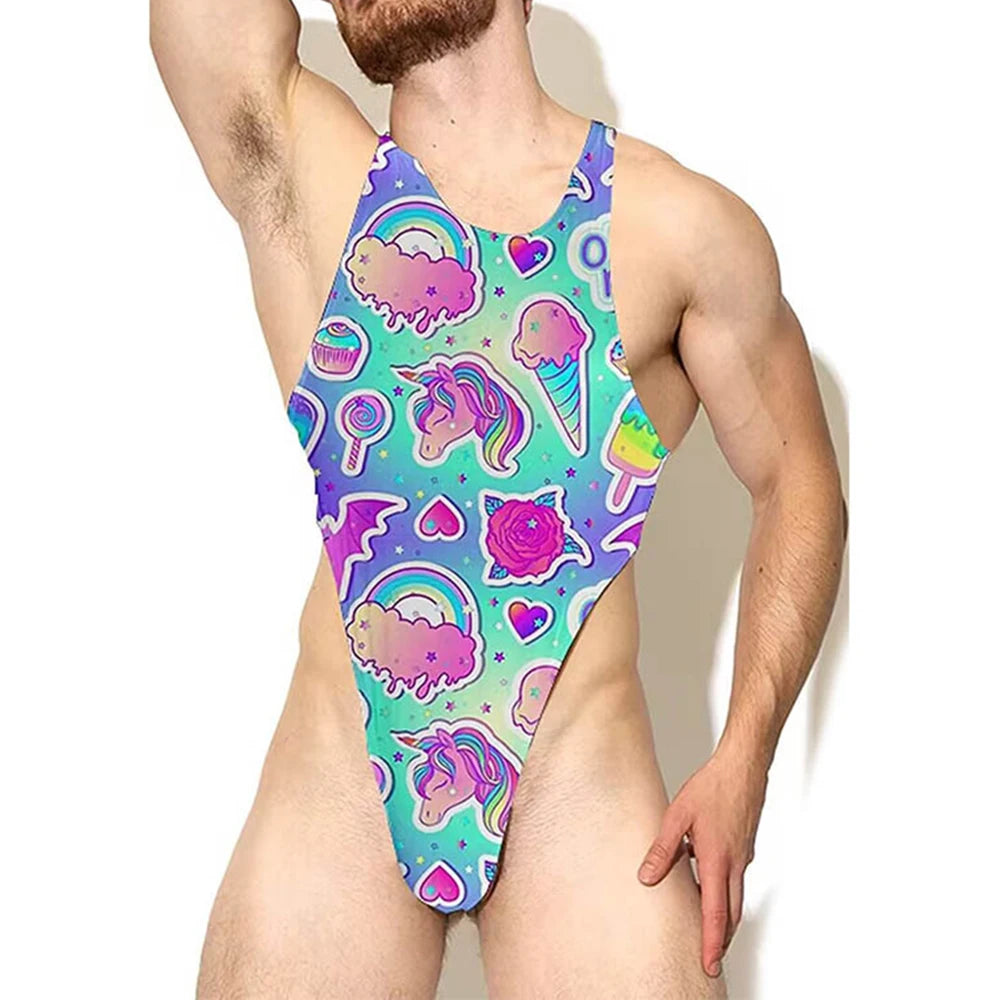 Bearded person models a colorful high-cut bodysuit with rainbow, unicorn, candy, and heart prints