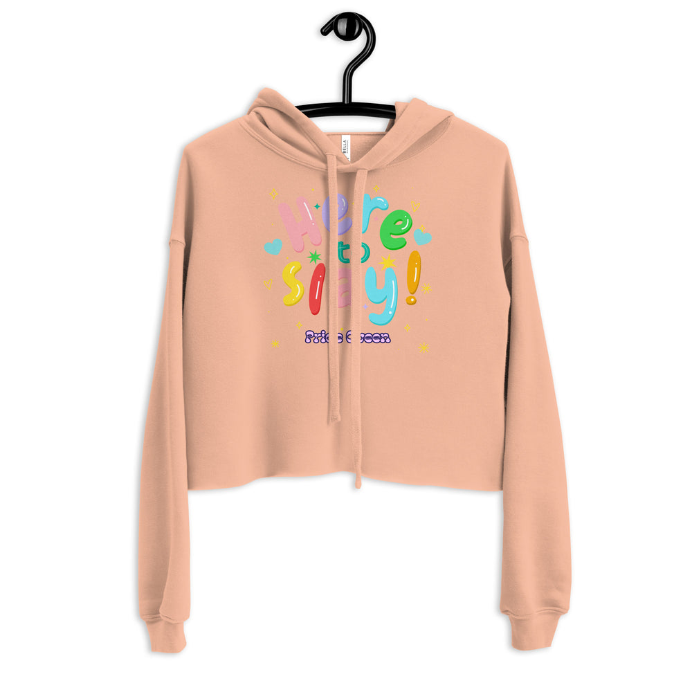 Pride Queen crop hoodie with rainbow bubble letters, sparkles, hearts, and "Pride Queen" in purple